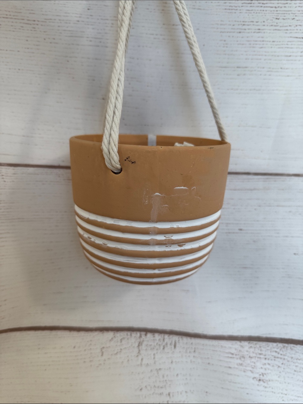 Hanging Ceramic Planter in Terracotta & White--5" diameter = 4.5" tall